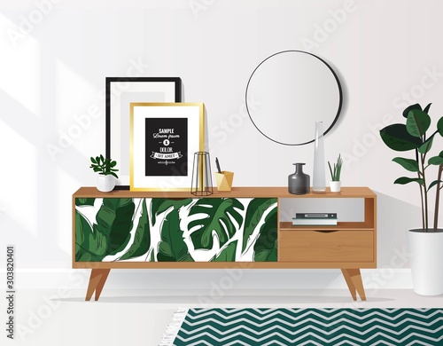 Wooden sideboard with plants and posters on it against white wall. Modern interior with tropical elements. Vector illustration