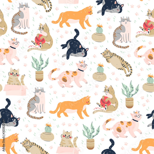 Seamless pattern with cute funny cats different breed isolated on pink background sitting, laying, hiding in box. Flat cartoon style. Vector illustration. For packaging paper, banner, textile etc. 