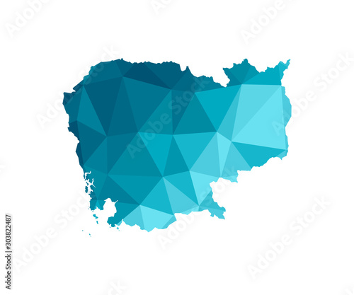 Vector isolated illustration icon with simplified blue silhouette of Cambodia map. Polygonal geometric style, triangular shapes. White background