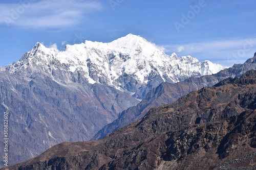 View of the Himalayas mountain range in the Langtang National Park of Nepal