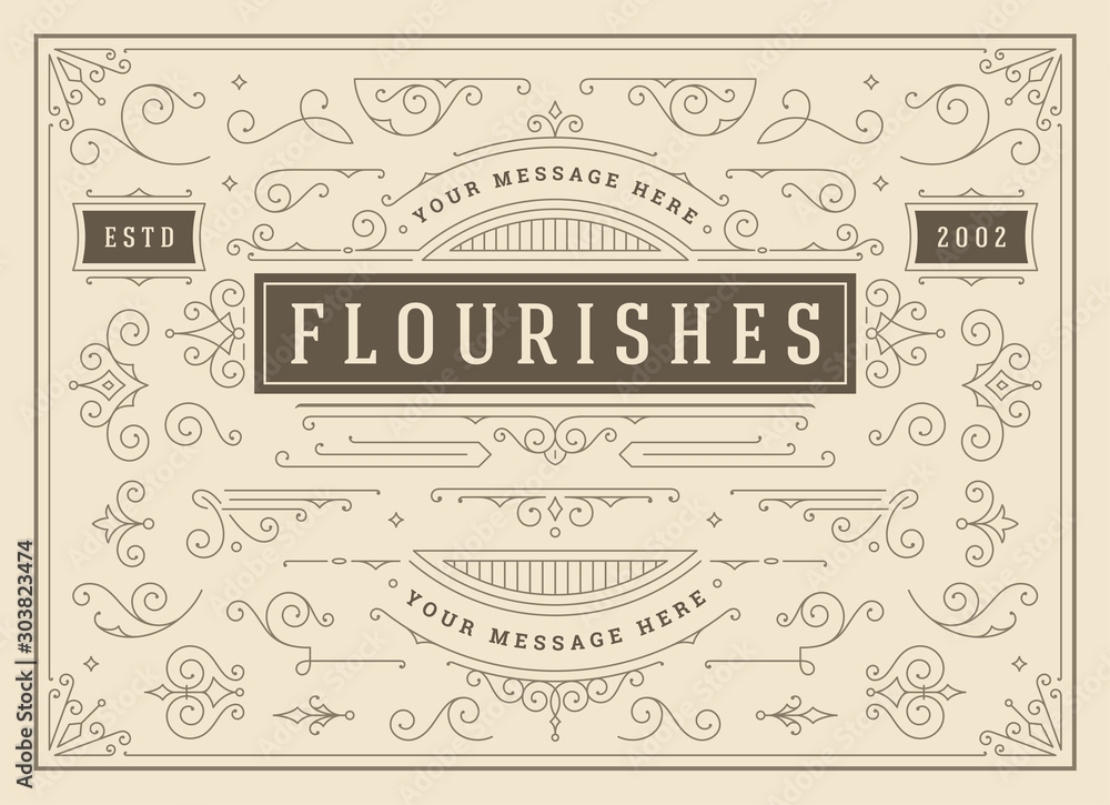 Vintage ornaments swirls and scrolls decorations design elements vector set, flourish ornate calligraphic combinations