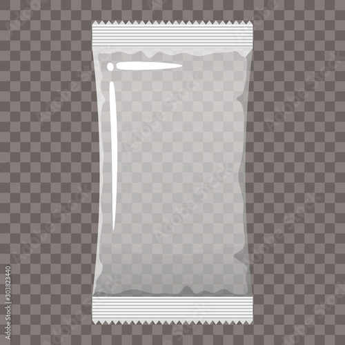 Plastic packaging sachet, bag transparent empty vacuum container mockup