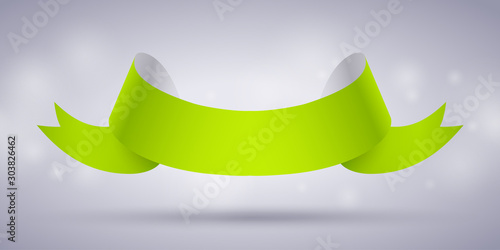 Lime green ribbon or banner on grey background. Template element for New Year, St. Patricks day or Christmas holiday
