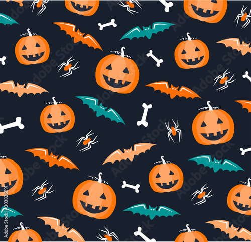 Halloween seamless pattern. Background with pumpkin. Wrapping paper or fabric. Halloween invitation card. Vector illustration in flat design. Set of Halloween icons and design elements.