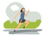 woman jogging outdoors in morning. Cute funny male athlete running along street. Daily fitness training or sports workout. Healthy activity. Flat modern cartoon vector illustration.