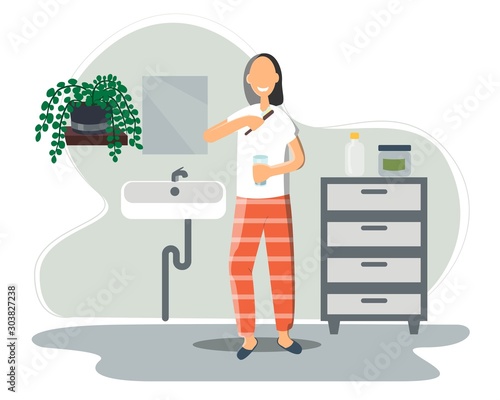 Young woman standing in front of mirror in bathroom and brushing his teeth with toothbrush. Daily morning routine, oral or dental hygiene procedure. Flat cartoon colorful vector illustration.