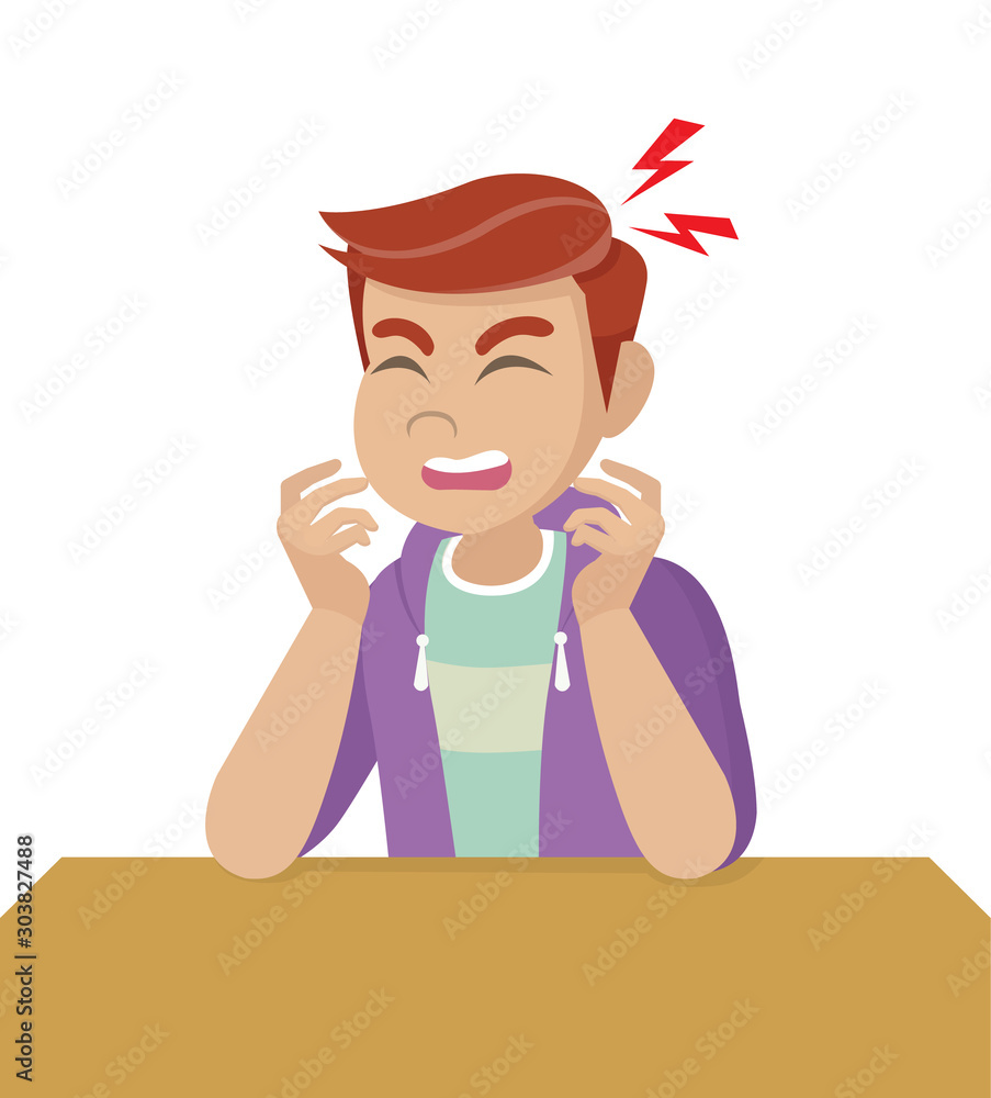 Cartoon character Poses, man with a headache, disease of the head, holding head.migraine,health problems,pain head,stress work,tired,suffer,emotion,headache,frustrated. Cartoon character Poses, man with a headache, disease of the head, holding head.migraine,health problems,pain head,stress work,tired,suffer,emotion,headache,frustrated.