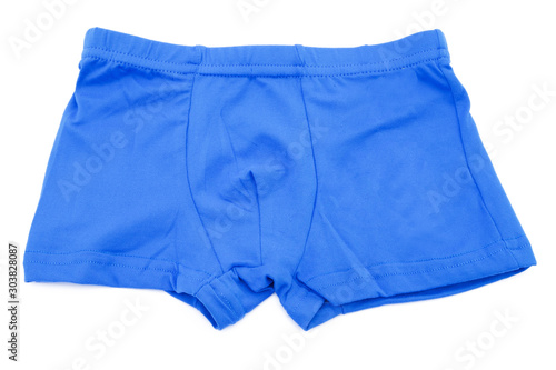 Children's blue swimming shorts isolated on white background.