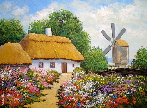Fototapeta Oil paintings rural landscape, old village in Ukraine