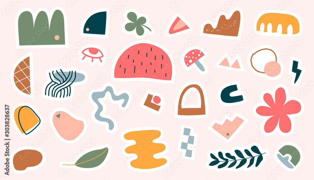Set of hand drawn stickers of various abstract shapes. All elements isolated. Vector trendy illustration. Eps 10.