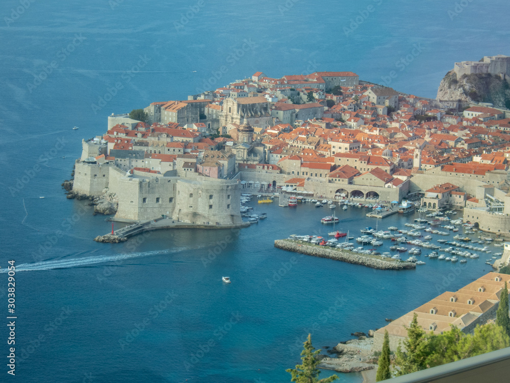 Aerial view of the medieval walled city of Dubrovnik