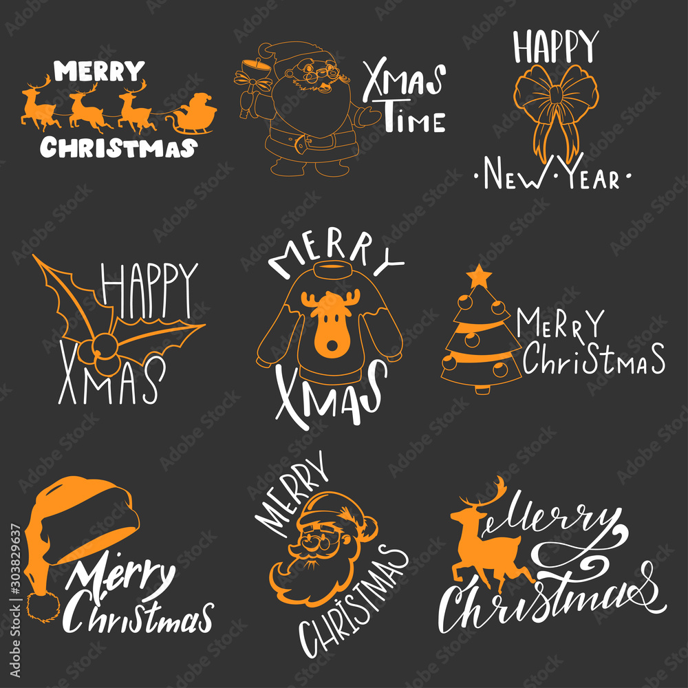 Merry Christmas and Happy New Year handwritten text vector set isolated on background.