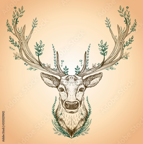 Hand drawn graphic sketch illustration of a forest spirit as a deer with big antlers and leaves growth on it