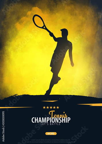 Tennis Championship banner or poster, design with player and racquet. Vector illustration.