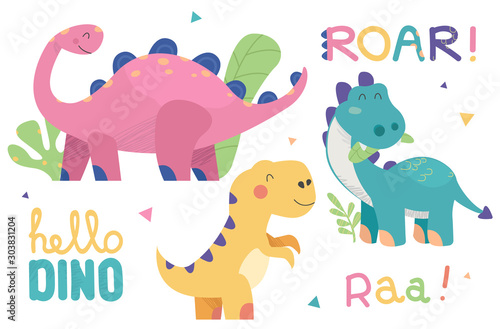 Set of cute dinosaur illustrations. Funny cartoon dino collection with tropic plants and slogans. Hand drawn vector set for kids design, isolated on white background.