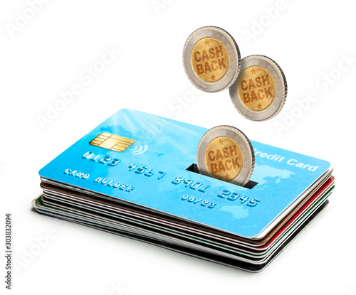 Coins Cashback falls into a credit card. Refund. Bonus payments after the purchase. Isolated on a white background