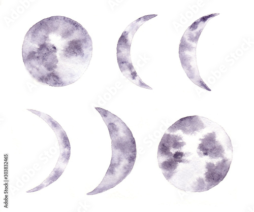 Watercolor set of moons isolated on white background.