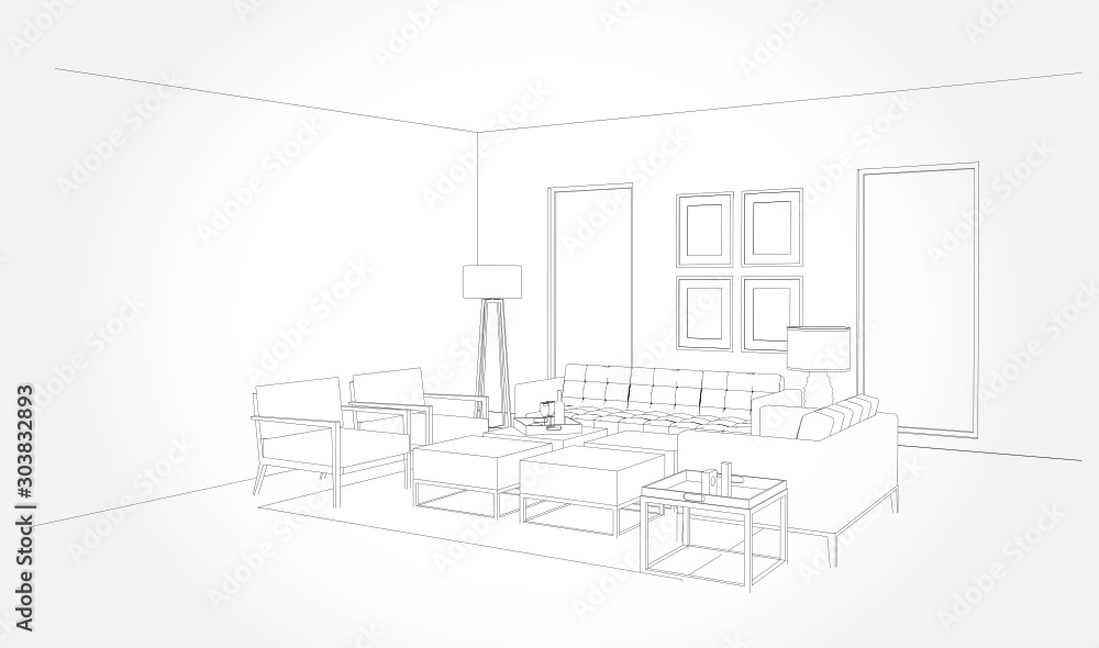 Linear sketch of an interior. Room plan. Sketch Line bedrooms. Vector illustration.outline sketch drawing perspective of a interior space Linear sketch of an interior. Room plan. Sketch Line bedrooms. Vector illustration.outline sketch drawing perspective of a interior space