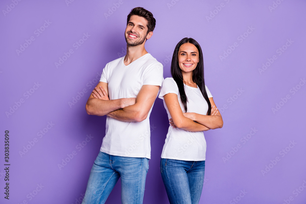 Portrait of his he her she nice attractive lovely content half-turned cheerful cheery couple folded arms standing back to back isolated over purple violet lilac color pastel background Portrait of his he her she nice attractive lovely content half-turned cheerful cheery couple folded arms standing back to back isolated over purple violet lilac color pastel background