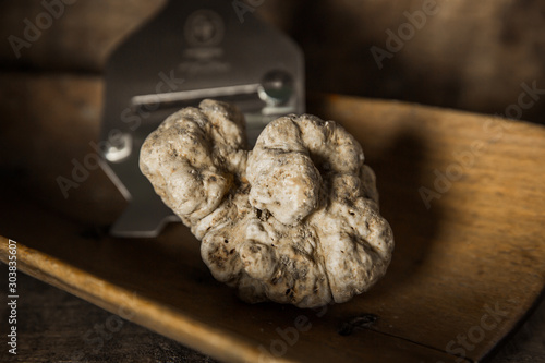White Truffle on wood background with Truffle Slicer