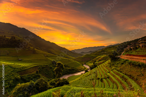 Rice terraces at sunset of the harvest season In the north of Mu cang chai,Yenbai, Vietnam.