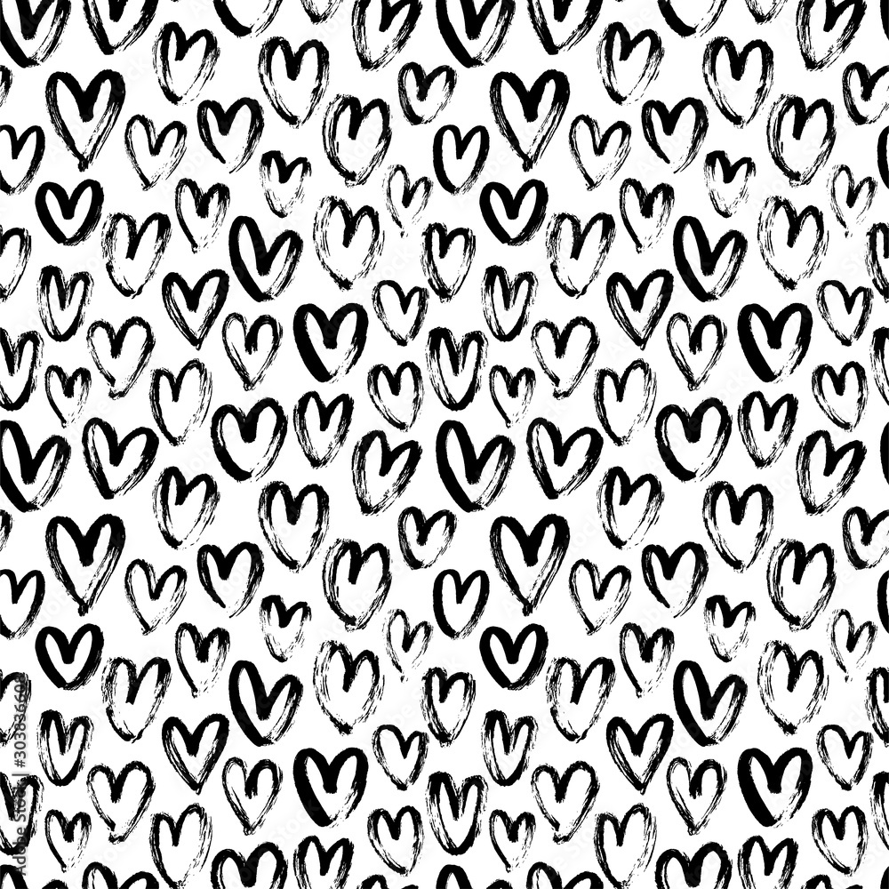 Heart seamless pattern. Black and white ink brush hearts hand drawn ornament. Romantic figures vector illustration. - obrazy, fototapety, plakaty 