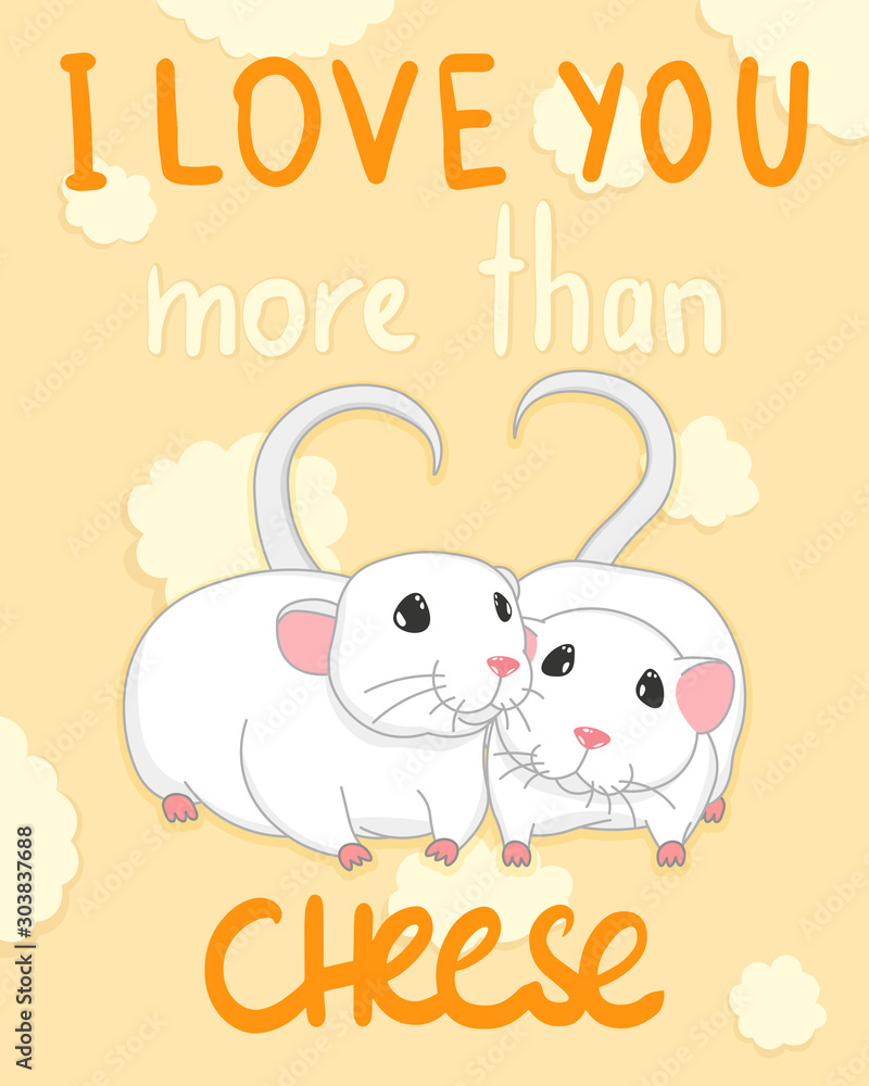 two cute lovely rats on cheese background valentines greeting card, i love you more than cheese slogan, editable vector illustration two cute lovely rats on cheese background valentines greeting card, i love you more than cheese slogan, editable vector illustration