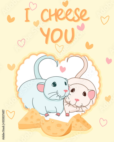 two cute lovely rats with cheese in heart frame valentines greeting card, i choose you slogan, editable vector illustration