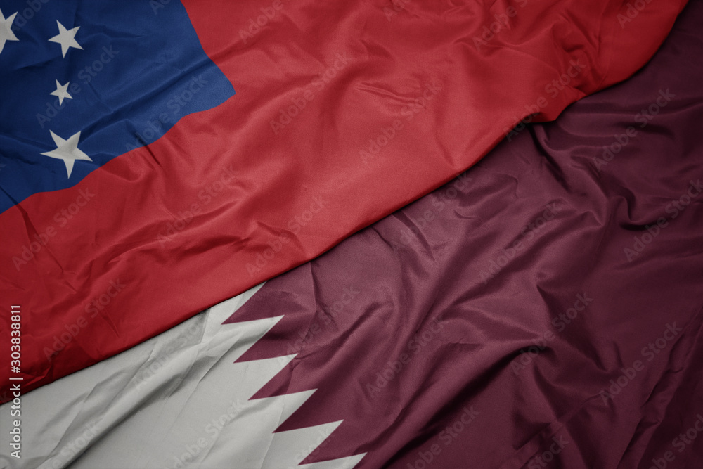 waving colorful flag of qatar and national flag of Samoa . waving colorful flag of qatar and national flag of Samoa .