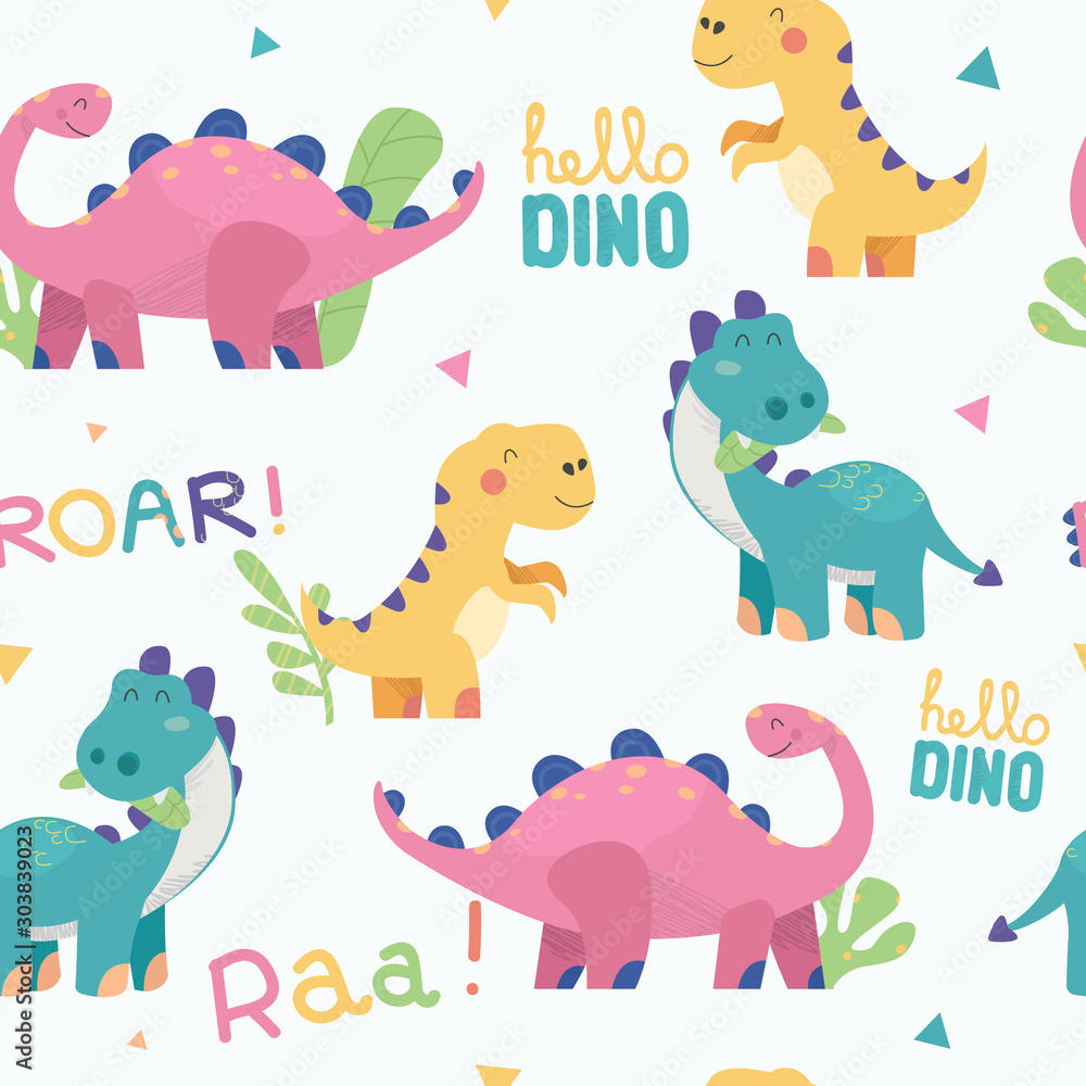 Seamless pattern with cute hand drawn dinosaurs. Funny vector childish background for fabric, textile, cards, invitations. Seamless pattern with cute hand drawn dinosaurs. Funny vector childish background for fabric, textile, cards, invitations.