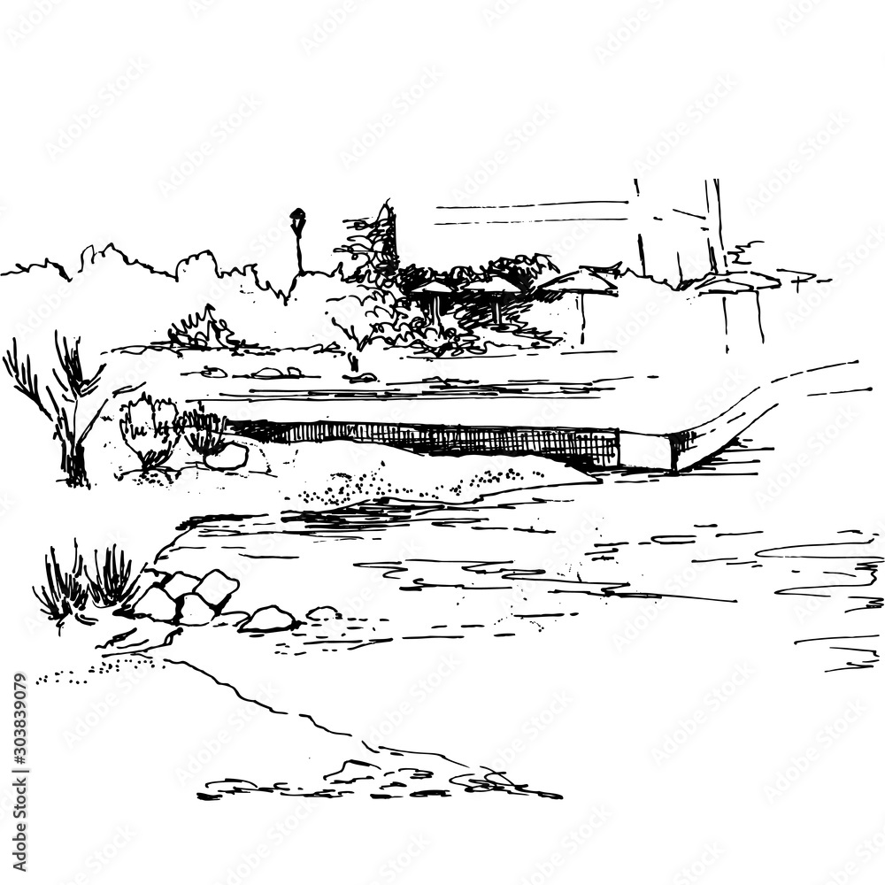 Ink sketch of landscape with lake, bridge and trees on white background. Vector