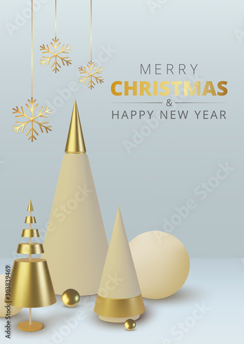 Metallic gold 3D Christmas tree. Realistic abstract background with 3d. Greeting card, invitation with happy New year 2020 and Xmas. Vector Illustration