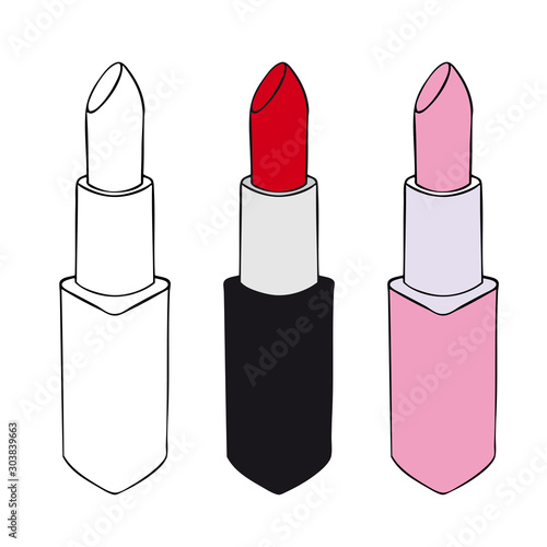 Set of pink, red and brown lipstick. Vector illustration isolated on white background.