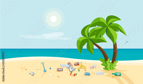 Dirty beach pollution sea view and palm. Garbage and trash on the sand beach. Littering waste. Plastic garbage disposed improperly throwing away on the ground. Rubbish fallen on the ground near water.