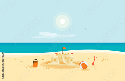 Lonely sand castle on sandy beach with blue sea ocean water and coast line clear summer sunny sky in background. Kid toys left on sand on holiday. Minimalist cartoon style flat vector illustration.