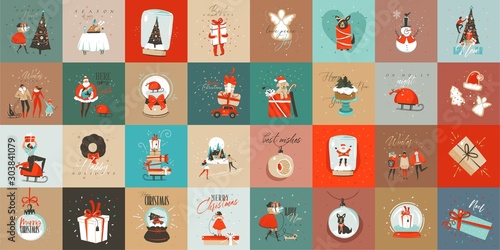 Hand drawn vector abstract fun Merry Christmas time cartoon cards collection set with cute illustrations,surprise gift boxes and handwritten modern calligraphy text isolated on colored background photo