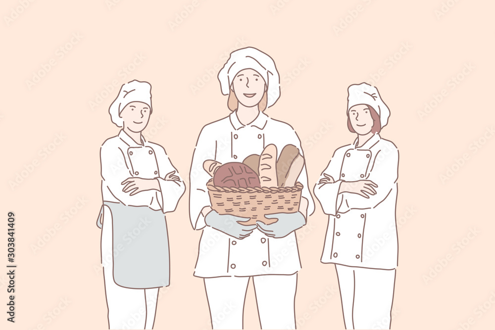Baker, advertising, cook, business concept. Young happy people, men and woman promote bakery. Professional chefs offer products, bread, French loaf. Kitchen, cooking industrial. Simple flat vector. Baker, advertising, cook, business concept. Young happy people, men and woman promote bakery. Professional chefs offer products, bread, French loaf. Kitchen, cooking industrial. Simple flat vector.