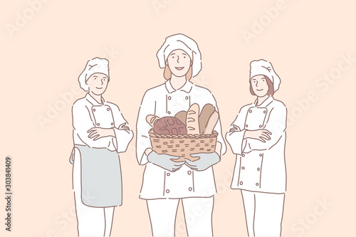 Baker, advertising, cook, business concept. Young happy people, men and woman promote bakery. Professional chefs offer products, bread, French loaf. Kitchen, cooking industrial. Simple flat vector.