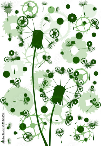 background from green dandelions with gears on white