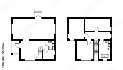 Black and White floor plans of a modern apartment. Vector interior for your design. Architectural background.