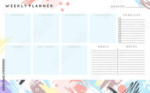 Vector weekly planner template with hand drawn shapes and textures in pastel colors.Organizer and schedule with place for notes,goals and to do list.Trendy minimalistic style.Abstract modern design. photo