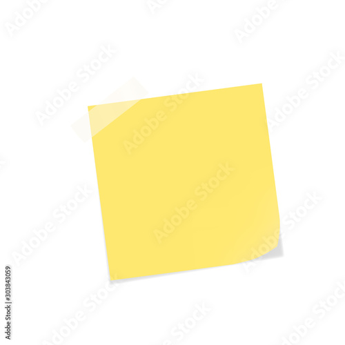 Vector illustration of yellow note paper with transparent adhesive tape. Realistic memo note with piece of scotch tape isolated on white. Fully editable file for your own projects. Eps 10.