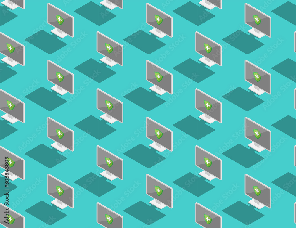 Computer all in one 3d isometric seamless pattern, Malware virus protection concept poster and social banner post horizontal design illustration isolated on green background, vector eps 10 Computer all in one 3d isometric seamless pattern, Malware virus protection concept poster and social banner post horizontal design illustration isolated on green background, vector eps 10