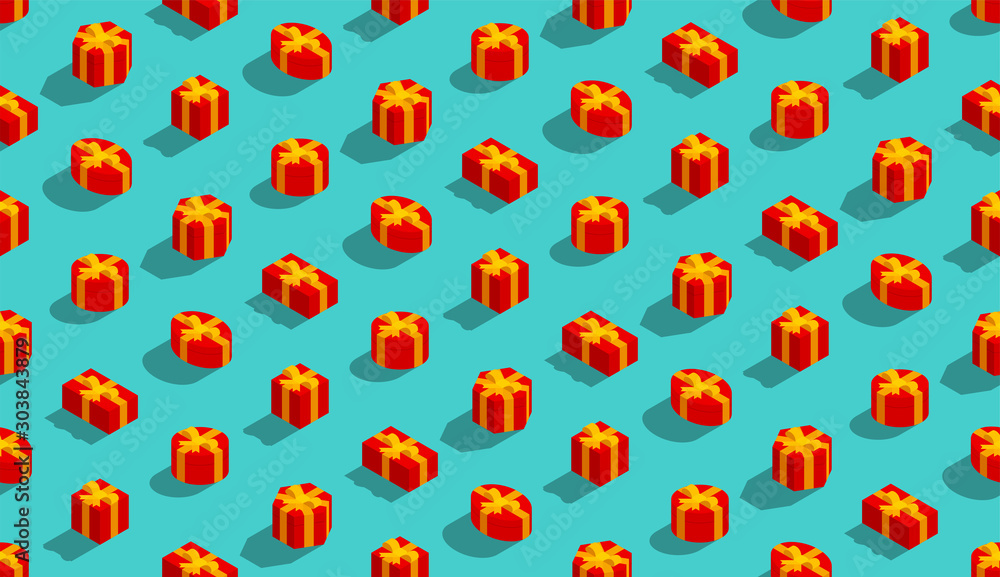 Gift box with bow ribbon mark 3D isometric seamless pattern, Christmas and Happy new year concept poster and banner design illustration on green background, vector eps 10 Gift box with bow ribbon mark 3D isometric seamless pattern, Christmas and Happy new year concept poster and banner design illustration on green background, vector eps 10