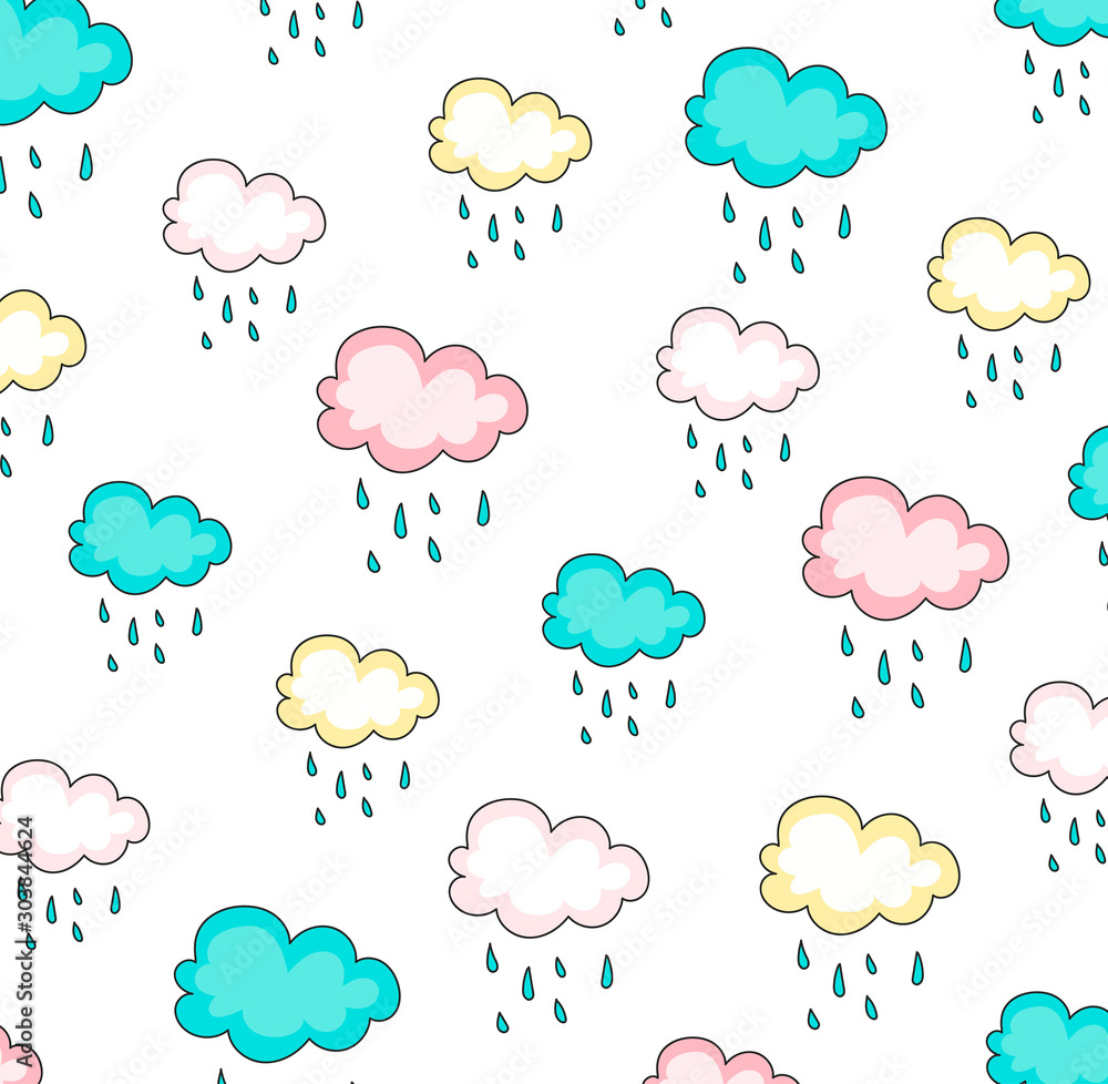 Clouds pattern vector illustration. Vector kids pattern with clouds, rain drops and dots. Background for cafes, restaurants, coffee shops, catering. Texture for menu, booklet, banner, website. 