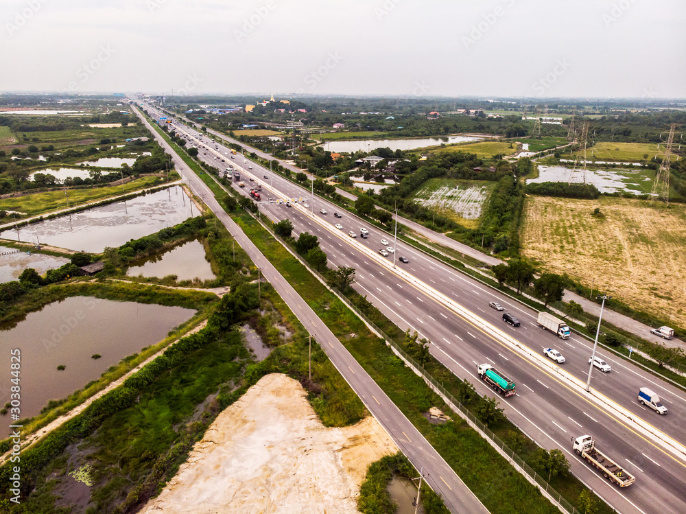 High angle shot aerial view Motorway Road traffic On the weekend.