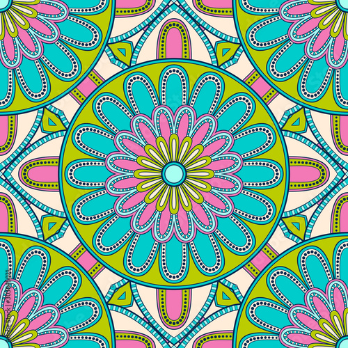 Decorative colorful ethnic seamless pattern for fabric or wrapping in oriental style. Hand drawn illustration