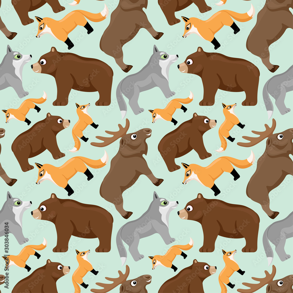 Seamless pattern with cute forest animals on a green background. Seamless pattern with cute forest animals on a green background.