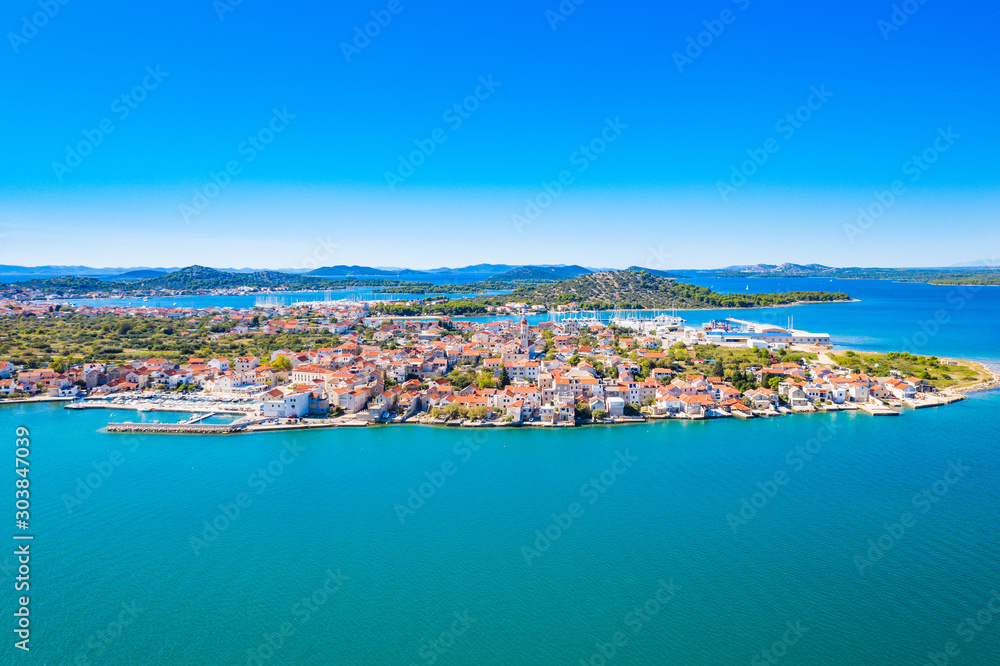 Croatia, Island of Murter, beautiful old coastal town of Betina, drone aerial view of Adriatic seascape