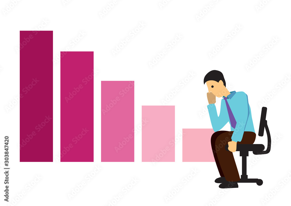 Sad businessman siting and watching on the downward graph. Metaphor for poor performing business. Sad businessman siting and watching on the downward graph. Metaphor for poor performing business.